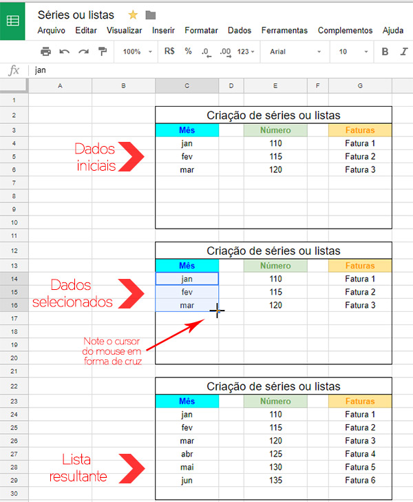 Listas ou séries nas planilhas