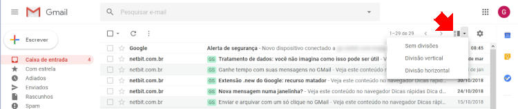 Painéis de exibição de mensagens no GMail