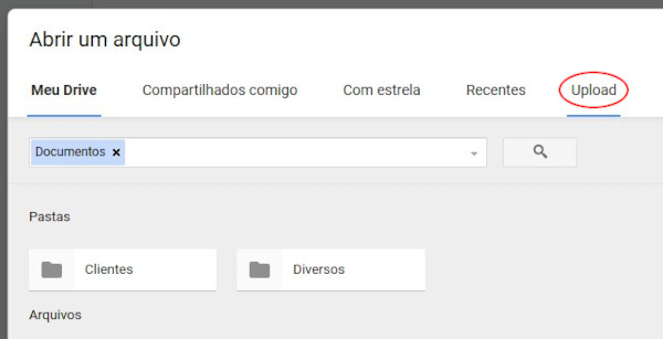 Tela de upload de arquivo