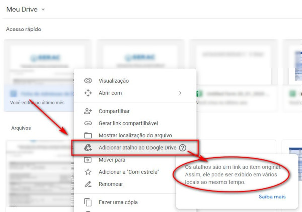 Atalho para arquivos no Google Drive